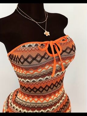 Strapless Orange Patterned Knit Dress